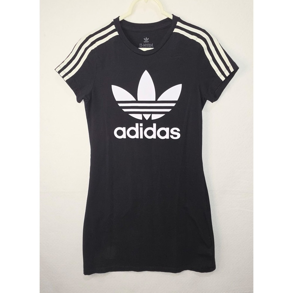 Adidas Originals Girls Trefoil T-Shirt Dress Black White 3-Stripe Size 13-14Y L